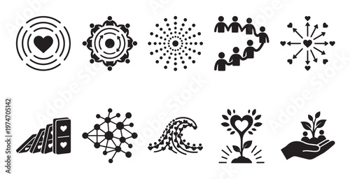 A collection of black flat design vector icons on a white background, representing abstract concepts of love, community, growth, connection, collaboration, and domino effect.