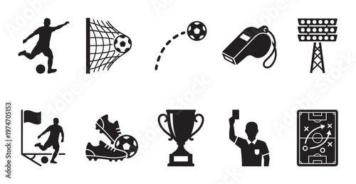 A comprehensive set of black silhouette soccer and football game elements icons, including players, equipment, and field strategy, presented on a clean white background.