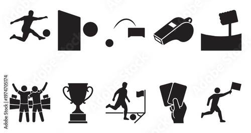 A comprehensive collection of black silhouette vector icons representing various elements of football and soccer against a clean white background.