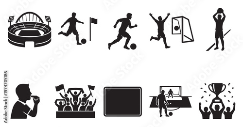 This vector illustration presents a comprehensive collection of football and soccer sport icons: a stadium, players in action, a referee, cheering fans, and a championship trophy.