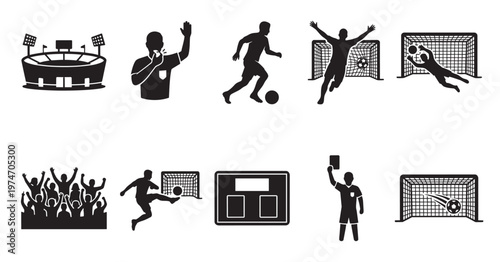 Detailed black silhouette flat vector icons capturing various elements of a dynamic football soccer game, including stadium, players, referee, and goals, ideal for sports graphics and UI design.