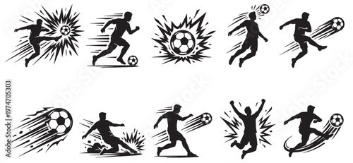 This collection of black vector silhouettes showcases dynamic soccer players in action, including kicking, heading, and running with soccer balls, against a crisp white background.