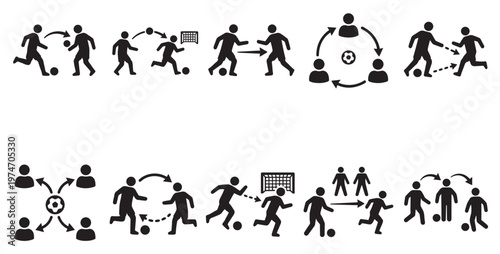 A collection of dynamic black silhouette soccer player icons on a clean white background, illustrating essential football game actions including dribbling, passing, shooting.