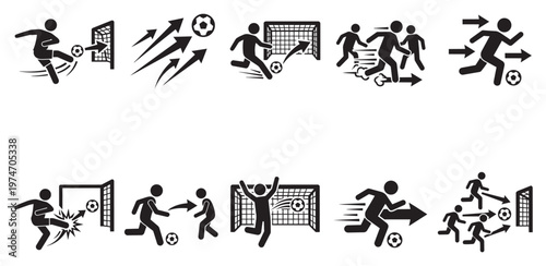This vector illustration showcases black pictogram icons of soccer players performing various actions: kicking, running, passing, and scoring goals. Ideal for sports graphics, web design.