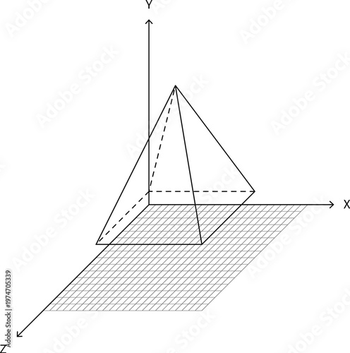 3D Coordinate System Pyramid Wireframe Grid Plane Perspective Minimal Style Mathematics Diagram Black White Element. Geometry Visualization Cartesian System X Y Z Arrows Spatial Orientation Technical 