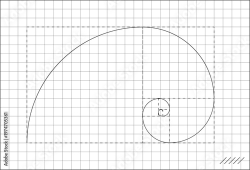 Golden Spiral Geometry Futuristic Grid Mathematical Composition Minimal Black White Background. Geometry Visualization Cartesian System X Y Z Arrows Spatial Orientation Technical Line Art Illustration