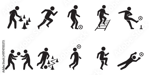 A collection of black silhouette icons illustrating various soccer training drills and player actions like dribbling, passing, running, and goalkeeping on a clean white background,