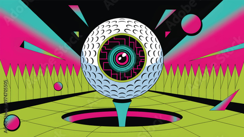 Golf ball on tee with neon colors and geometric shapes, pink