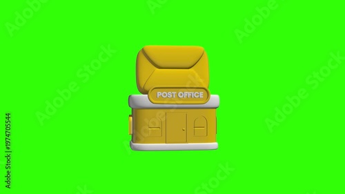 A 3D animation of a post office building with a mailbox on green screen background.