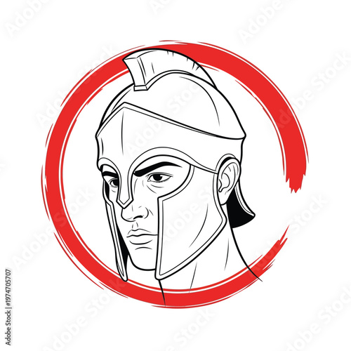 Spartan Warrior Head Mascot with Ancient Greek Helmet, Black and White Line Art Illustration with Red Circle