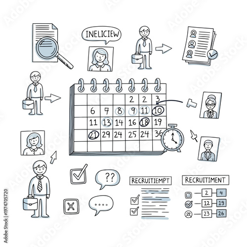 Business people hiring process concept, set of recruitment icons, calendar and elements related to job search and human resources.