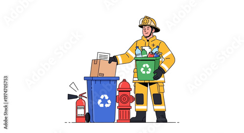 Firefighter sorting recyclable waste into blue recycling bins