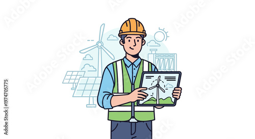 Engineer with tablet analyzing renewable energy sources illustration