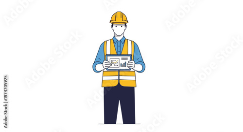 Construction worker holding tablet with safety vest and helmet