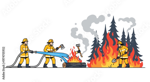 Firefighters Extinguishing Forest Fire with Hoses and Tools