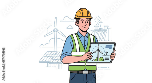 Engineer with tablet analyzing renewable energy sources illustration