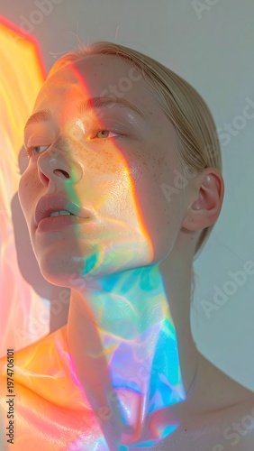 A serene portrait captures a person's face illuminated by a vibrant prism of rainbow light, creating a surreal ambiance