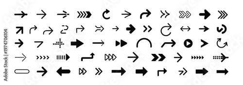 Variety of black arrow icons, including straight, curved, and animated styles, vector