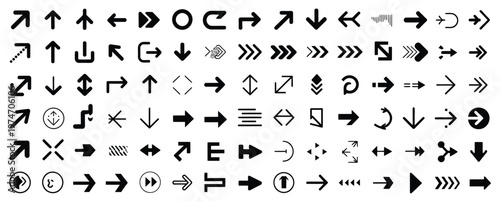 Extensive collection of black arrow icons, pointers, and directional symbols, vector