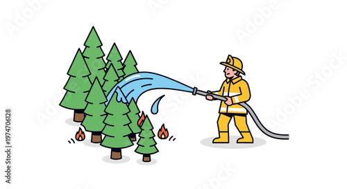 Illustration of Firefighter Extinguishing Forest Fire with Hose
