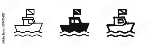 Fishing Boat Icon Set with Flag. Outline, Filled and Hand Drawn Style Utility Vessel Symbol on Waves.