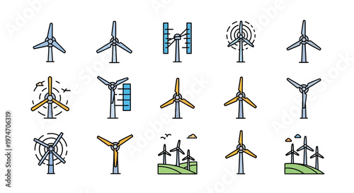 Wind Turbines Renewable Energy Icons.