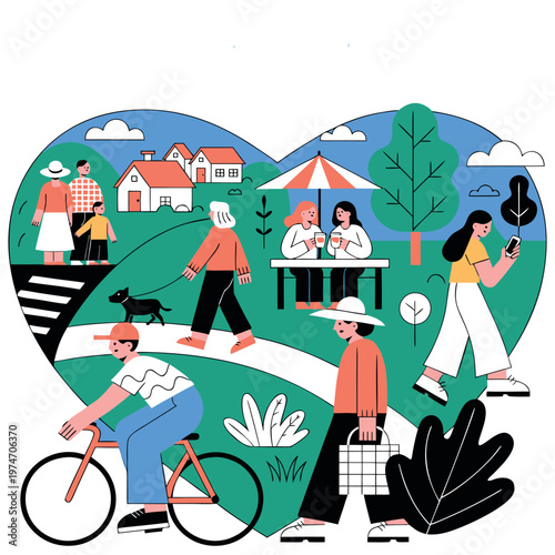 Flat Vector Illustration of a Vibrant Community Lifestyle in a Heart Shape, Featuring People Cycling, Walking, Socializing, and Enjoying Nature in a Sustainable Neighborhood Park