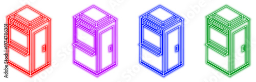Set of four isometric neon glowing kiosk icons in red purple blue and green isolated on a white background representing modern service points or small retail stands with an abstract digital feel