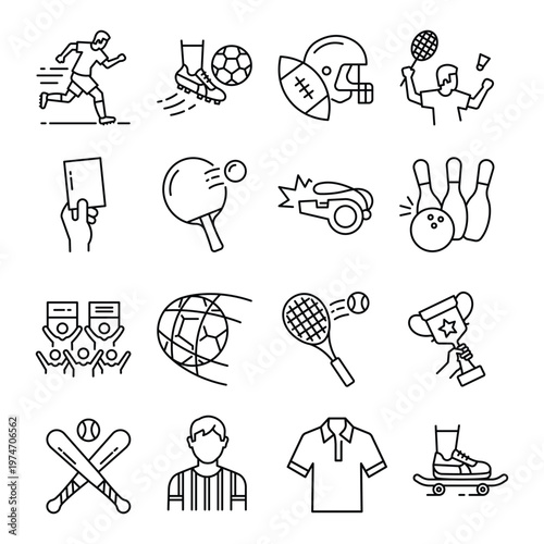 A dynamic sports icon pack featuring various games, equipment, and activities representing teamwork, competition, and an active lifestyle.