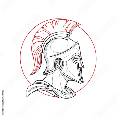 Ancient Greek Spartan Warrior Profile Illustration with Red Crested Helmet and Circular Frame