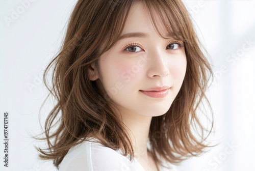 Young Japanese woman with airy light brown hair and natural glow in soft sunlight