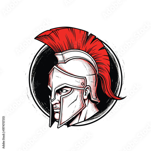 Spartan Warrior Head with Red Crested Helmet Illustration - Ancient Greek Gladiator Mascot Logo for Sports and Fitness