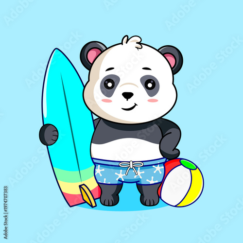 Cute Cartoon Panda Pose with Surfboard Vector Illustration Kawaii Animal
