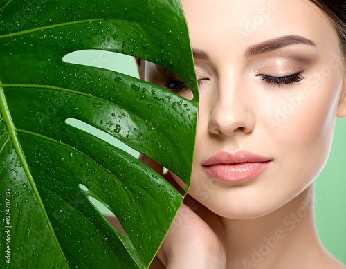 A serene portrait features a woman with closed eyes, her face partially obscured by a large, glistening, vibrant green leaf