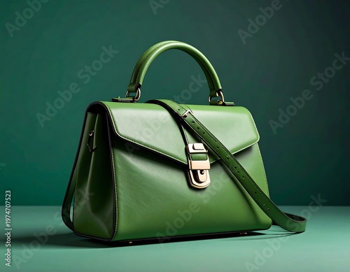 A sleek, green, leather handbag is positioned on a teal-green surface with a complementary background; gold-toned hardware details