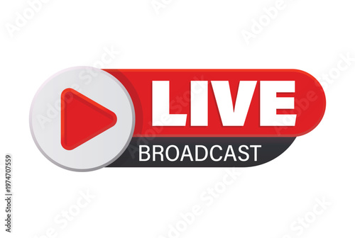 red live broadcast label with play button icon for video streaming and online news media