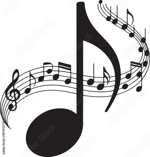 Large Black Eighth Note with Musical Notes on Staves Isolated on White