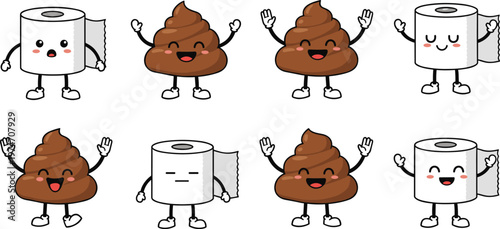 Funny poop and toilet paper characters, cartoon toilet humor mascot set, cute kawaii illustration, hygiene concept, playful emoji style icons collection
