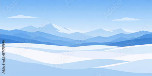 A peaceful winter mountain landscape with snowy peaks, misty hills, soft clouds, and a glowing sunrise over a quiet valley