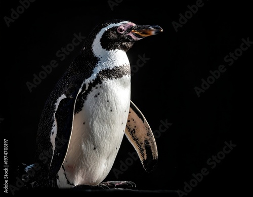 A single penguin stands regally, its black and white plumage contrasting against a stark black background. Natural light illuminates the bird