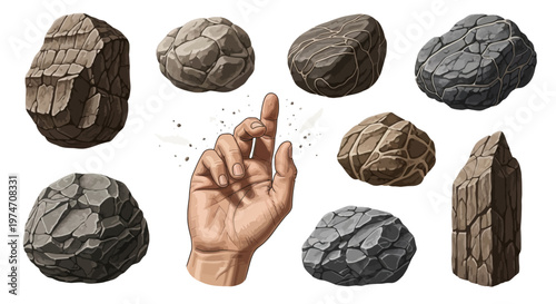 Natural stone collection with human hand, realistic rock boulders and textured granite minerals, 8 vector elements for game design and landscape assets