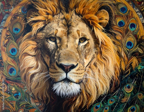A lion's face surrounded by colorful peacock feathers