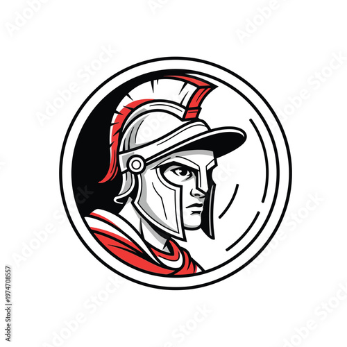 Spartan Warrior Profile Logo - Ancient Greek Soldier Head with Red Plumed Helmet Circular Emblem Vector Illustration