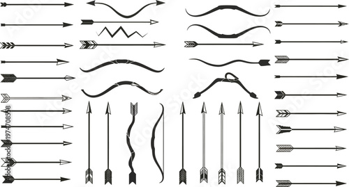 A comprehensive collection of diverse black arrow and bow silhouettes for graphic design projects