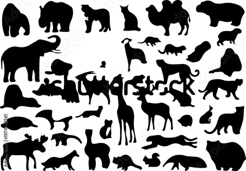 Mega collection of wild animal silhouettes, mammals and wildlife vector mega set.