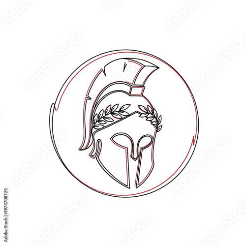 Spartan Warrior Helmet Minimalist Line Art Emblem with Laurel Wreath, Ancient Greek Gladiator Icon for Branding and Sports Logos