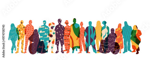 Silhouettes of different people standing together. Modern colorful design. 