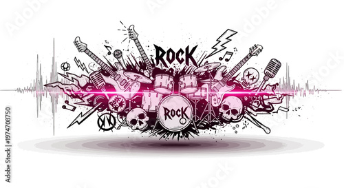 Rock music vector illustration with electric guitars and drums, heavy metal concert poster design, edgy musical instruments with skulls and lightning