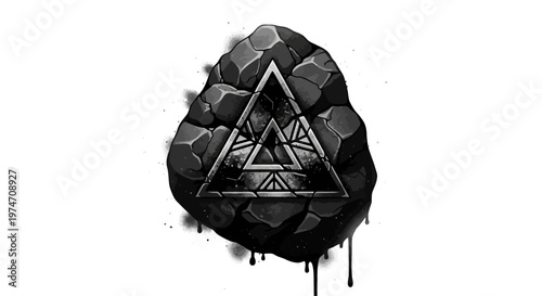 Mystical geometric triangle symbol on dark rock, ancient stone rune with occult alchemy sign, dark fantasy vector illustration for gaming