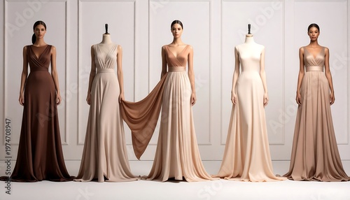 Five elegant dresses of varying neutral hues displayed on mannequins and women against a paneled wall backdrop
